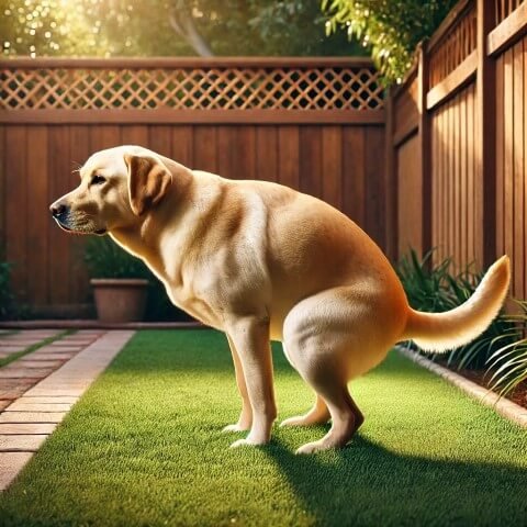 DALL·E 2025-03-04 14.15.10 - Photorealistic high-quality image of a Yellow Labrador Retriever on its tippy toes, preparing to defecate in a backy (Small)